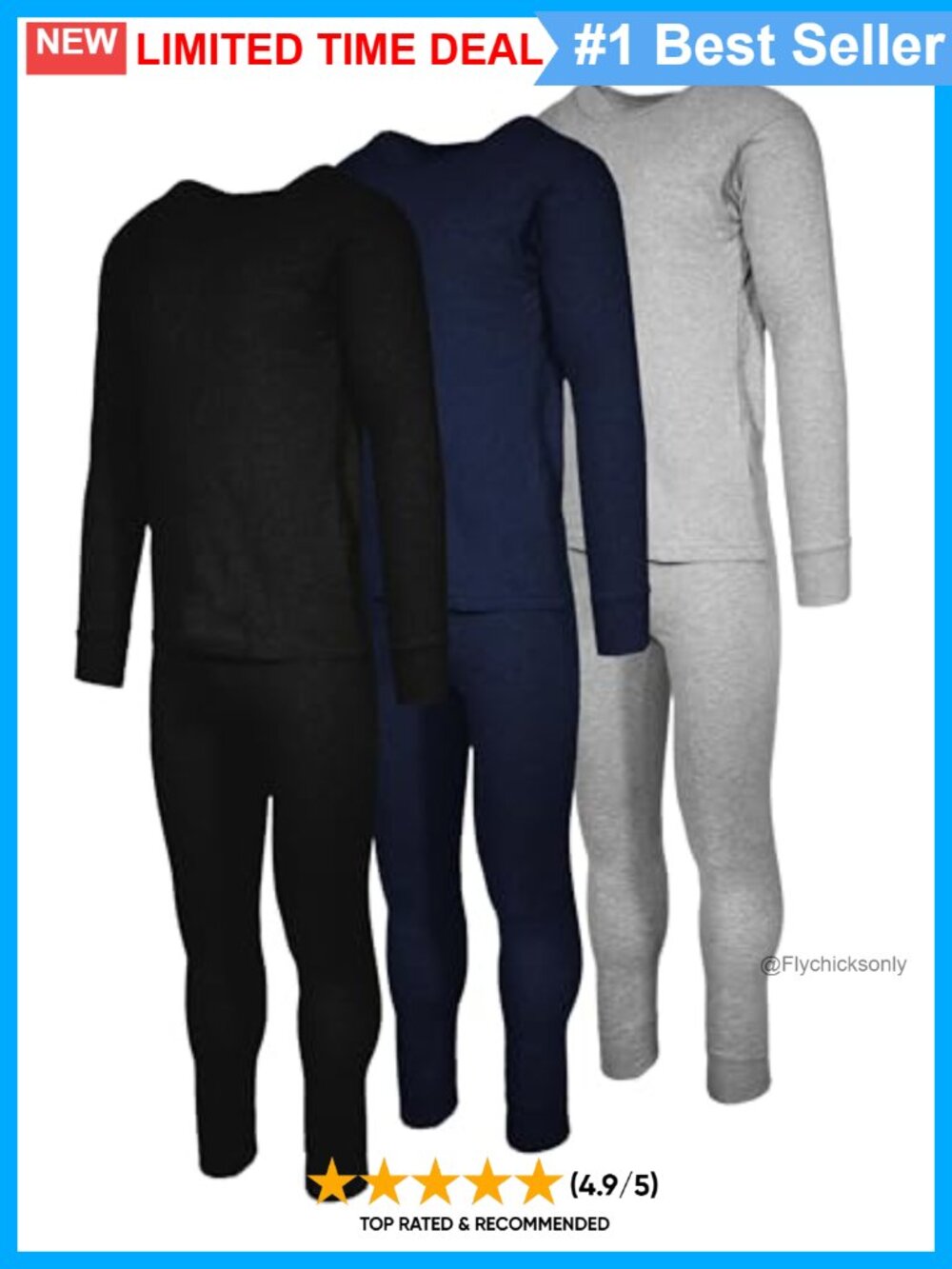 100% Combed Cotton Thermal Underwear Set Long Sleeve Crew + Long John